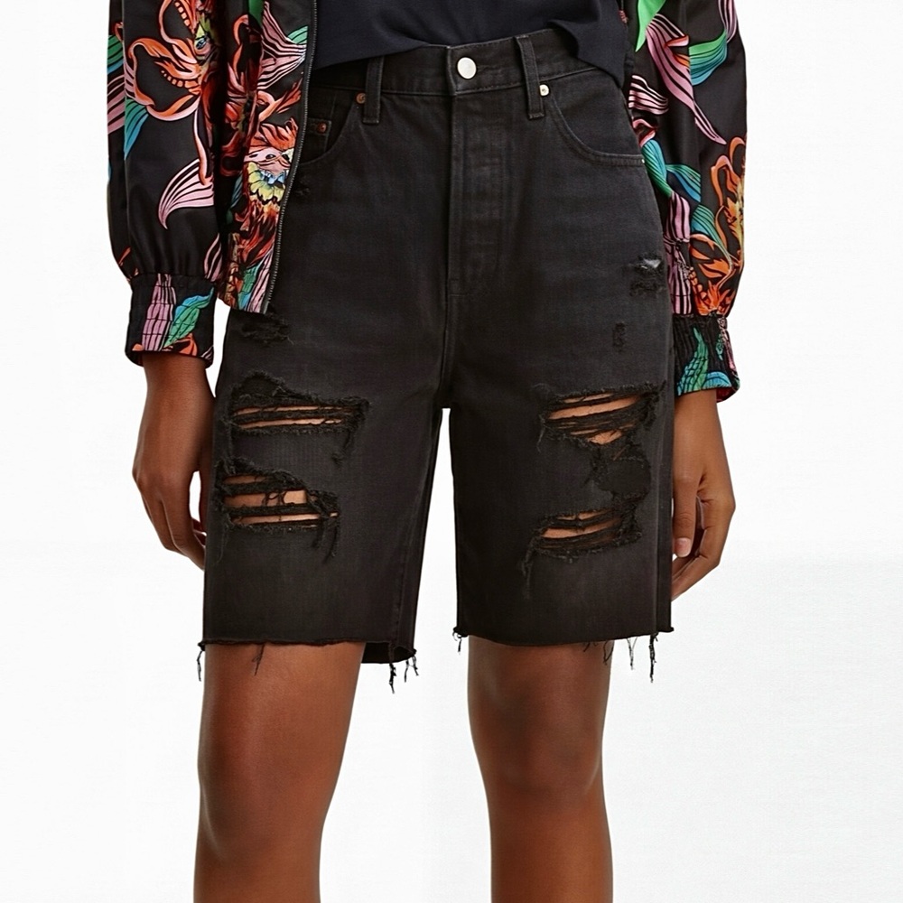 Levi's Premium Slouch Shorts Deconstructed Cutoff Raw Hem Black Denim Shorts W26